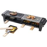 Bestron elektrische Gourmetstel, Raclette voor maximaal 4 personen, krasbestendige natuurlijke grillsteen & bakplaat met antiaanbakplaag, inclusief 4 pannen, 4 spatels & 4 Onderzetter, 650 Watt, kleur: zwart/hout