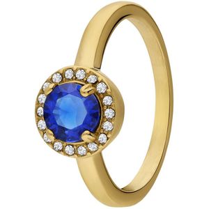 Lucardi - Dames Stalen goldplated vintage ring met blauwe zirkonia - Ring - Staal - Goudkleurig - 20 / 63 mm
