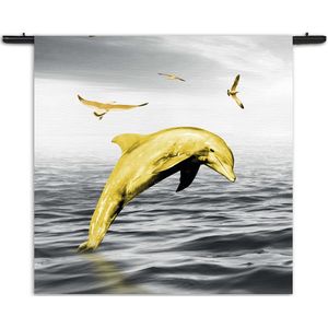 Mezo Wandkleed Springende Dolfijnen Goud 02 Rechthoek Vierkant XXL (180 X 180 CM) - Wandkleden - Met roedes