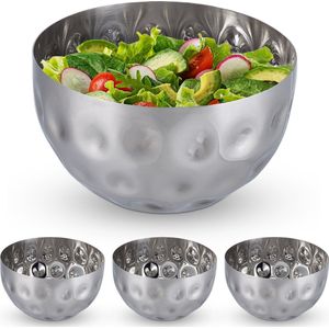 Relaxdays 4x saladeschaal zilver - saladekom rvs - 1 liter - serveerkom - metalen schaal