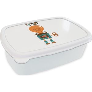 Broodtrommel Wit - Lunchbox - Brooddoos - Robot - Bril - Gloeilamp - Snor - Kinderen - Jongens - 18x12x6 cm - Volwassenen