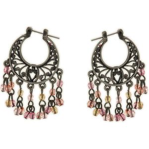 Behave Dames oorbellen hangers zilver-kleur met roze steentjes 4cm