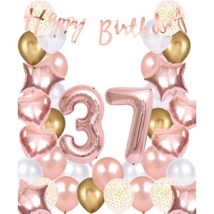 Snoes Ballonnen 37 Jaar Rose Gold White Dots - Compleet Feestpakket met cijfer ballon 37 jaar - Verjaardag Versiering Slinger Happy Birthday – Folieballon – Latex Ballonnen - Helium Ballonnen - Rose Feestpakket