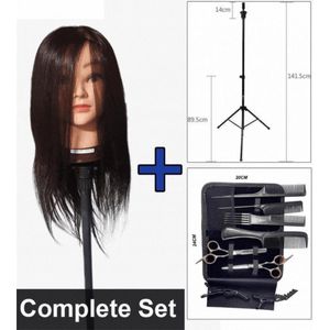 Oefenhooft met 100% natuurlijk haar 54cm Zwart + oefenhoofd houder satatief + kappersset (voor kappers trainingen and other) - Verstelbare Pruik stellage - gekruld haar