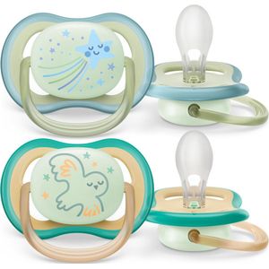 Philips Avent Ultra Air Nighttime Glow in the Dark Fopspeen - 0 tot 6 Maanden - 2 Speentjes - Groen/Oranje Ster/Uil - SCF376/18