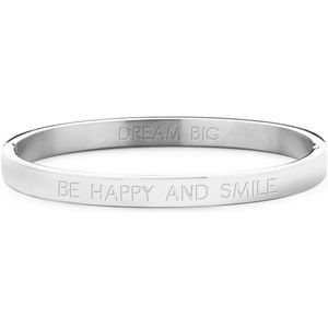 Key Moments in Color 8KM BC0054 Stalen Bangle met tekst - Be happy and smile - Grootte 58 x 50 mm - Zilverkleurig