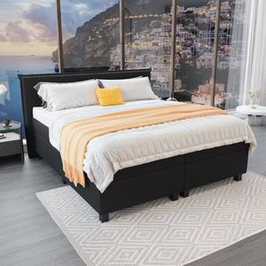 Mörgenn - Boxspring Capri - Pocketvering Boxen én Matrassen - Zwart - 180x220 cm - Inclusief Dekbed en Kussens