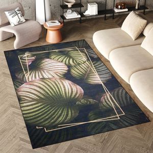 Tapiso Flannel Printed Vloerkleed Botanisch Groen Antislip Wasbaar Tapijt Maat- 80x150