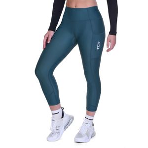 TCA Dames 3/4 gewatteerde fietsleggings hoge taille ademende fietsbroek met zakken UPF 50+ anti-slip sneldrogend, Atlantisch diep, L