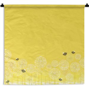 Wandkleed Bijen Illustratie - Illustratie van bijen vliegend boven bloemen Wandkleed katoen 150x150 cm - Wandtapijt met foto