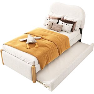 Merax 90x200cm Gestoffeerd Bed met Uittrekbaar Rolbed - Minimalistisch Design - Wit - Inclusief Lattenbodem