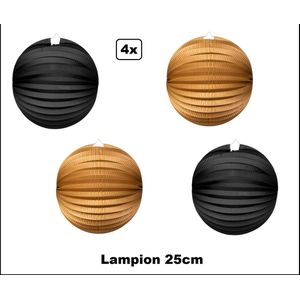 4x Lampion Zwart/goud metallic 25cm - Black and gold party - festival thema feest verjaardag party papier BBQ strand licht fun