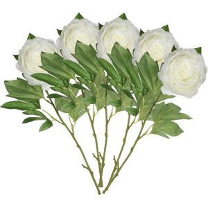 Mica Decorations Kunstbloem pioenroos - 5x - Creme - 76 cm - polyester - decoratie bloemen rozen