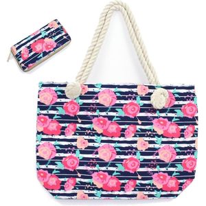 Hazel & Pip Rozen & Strepen Canvas Strandtas Shopper met bijpassende Portemonnee