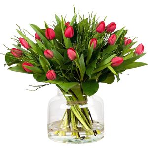 VeenseTulpen: Vers Bloemenboeket Rood - 20 Stuks Tulpen - Met Extra Groen - Verse Rode Bloemen