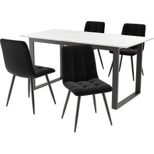 Merax eettafelset (set van 140/180×80×75 cm eettafel met 4 stoelen) - modern keuken eettafelset - zwart fluwelen eetkamerstoelen - MDF tafelblad in wit - zwarte tafelpoten