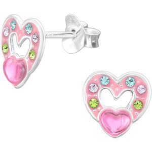 Joy|S - Zilveren hartje oorbellen - met roze hartje (erop) - kristal multicolor - 8 x 8.5 mm - kinderoorbellen