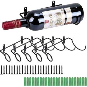 BSTKEY Set van 6 wandgemonteerde ijzeren wijnfleshouder rekken - rode wijn volwassen dranken drankfles displayhouder, metalen hangende wijnrek organisator, fles opslag houder, fles mond naar links