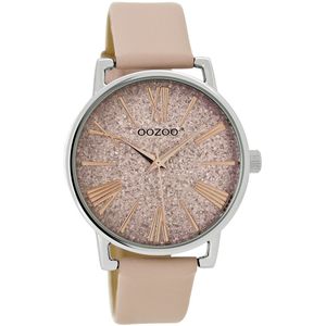 OOZOO Timepieces - Zilverkleurige horloge met poeder roze leren band - JR302