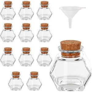 Belle Vous 12 Pak Glazen Hexagoon-vorm Potten met Kurken Doppen - 45 - 50 ml - Mini Mason Luchtdicht Opslag Flessen & Trechter voor Huwelijksgeschenken, Keuken Specerijen en Jam