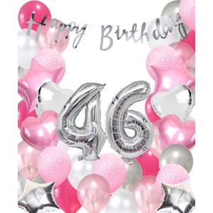 Snoes Ballonnen 46 Jaar Pink Blush Silver Mega Ballon - Compleet Feestpakket 46 Jaar - Verjaardag Versiering Slinger Happy Birthday – Folieballon – Latex Ballonnen - Helium Ballonnen - Zilver en Roze Verjaardag Decoratie