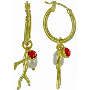 Silventi 9SIL-21977 Zilveren Oorringen met Hangertjes - Dames - Parel - 6,6 x 6 mm - Rood Turkoois - 5 mm - Fantasie - 17 x 6,5 mm - Oorring - 18 x 2 mm - Zilver - Gold Plated (Verguld/Goud op Zilver)