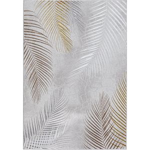 the carpet Vloerkleed Mila modern tapijt woonkamer, elegant glanzend kortpolig woonkamer tapijt in grijs met goud zilver veren patroon, tapijt 80 x 150 cm