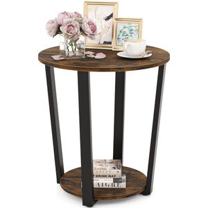 COSTWAY Ronde bijzettafel, salontafel met metalen frame, salontafel met 2 planken, industrieel nachtkastje voor woonkamer, slaapkamer, kleine ruimtes (vintage bruin)