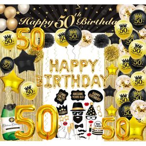 FeestmetJoep 50 jaar verjaardag versiering - 50 Jaar Feest Verjaardag Versiering Set 87-delig - Happy Birthday Slinger & Ballonnen - Decoratie Man Vrouw - Zwart en Goud