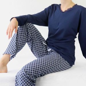Medaillon Dames Pyjama - Katoen - Navy Blauw - Maat L