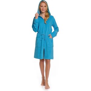 Rits badjas dames kort – met capuchon – lichtgewicht – dun – sauna - aquablauw - maat L