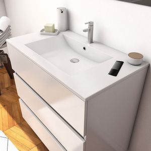 Witte badkamermeubelset 80 cm op voet 3 lades + witte keramische wastafel + spiegel