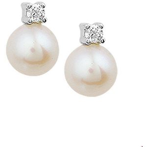 Huiscollectie Oorknoppen Parel En Diamant 0.10 Ct. Witgoud Glanzend