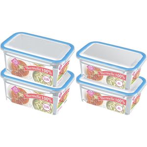 4x Voorraad/vershoudbakjes 2 en 2,5 liter transparant/blauw plastic/kunststof - Kiev - Luchtdicht/hermetisch afgesloten vershouddoos bakje - Mealprep - Maaltijden bewaren