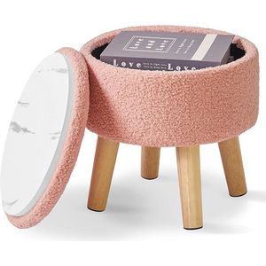 Kleine voetenbankje, voetenbank met opbergruimte, ronde poef, voetensteun, kruk met gevoerde zitting en deksel, teddy fluweel, mini-voetensteun voor woonkamer, bank, ingang, roze