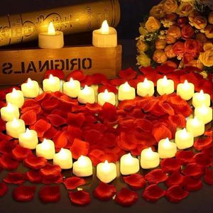24pcs Heart Shaped LED Tea Lights + 2000 Pcs Artificial Rose Petals + Heart Flameless Candles Romantic Tealights for Valentine's Day Wedding Decoration