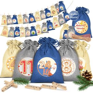 KESSER® Adventskalender om zelf te vullen 24 Jute Zakjes Bedrukte Stoffen Kerst Zakjes Incl. 24x Labels + 1 Grote Stoffen Opbergzak Advent Kalender - Blauw / Gekleurd - 14cm x 10cm