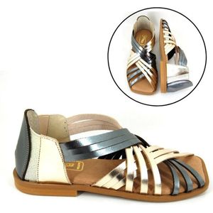 Stravers - Romeinse Sandalen Plat Maat 34 Vierkante Neus Dames Goud Zilver Platina Kleine Maten