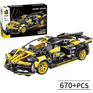 Supercar-bouwset, automodelbouwspeelgoed op schaal 1:18, racewagen ,Trek auto terug/verjaardags- en vakantiecadeaus Zwart en Geel (670 stuks)