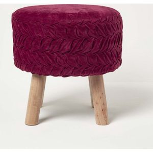 Homescapes Lyla ronde geplooide fluwelen kruk met houten poten - magenta, 40 cm hoog