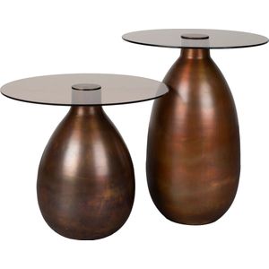 Dutchbone Selene Bijzettafel Rond Ijzer/ Glas Bruin - Set van 2