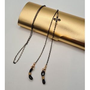 Dames zwarte brillenketting met gouden accenten en reserve rubberen lussen. Inclusief twee hoogwaardige microvezel doekjes / brillenkoord dames / brilkoordje kraaltjes / briltouwtje / ketting voor zonnerbril / cordon de lunettes / Aland optiek 014