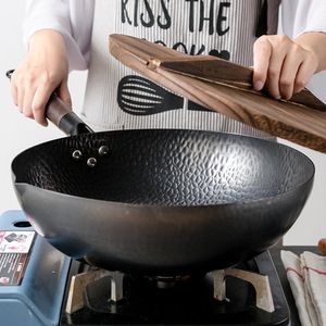 Luxe Pure ijzeren Wok Gietijzeren Pan Algemeen Gebruik Keuken Kookplaat 32Cm Kookgerei Pan Plus Luxe Houten Deksel