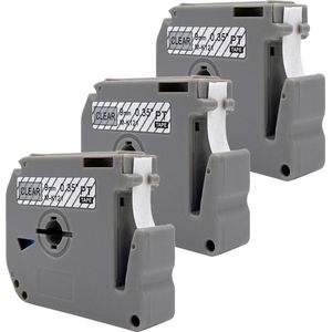 DULA Brother Compatible label tape- M-K121 - 3 cassettes - Brother P-Touch - Zwart op transparant - 9mm x 8m