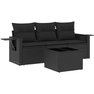 vidaXL - 4-delige - Loungeset - met - kussens - poly - rattan - zwart