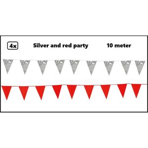 4x Vlaggenlijn Silver and Red party 10 meter - Zilver en rood - Festival thema feest party verjaardag gala jubileum