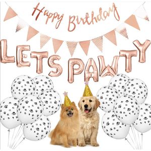 Verjaardagsset voor de hond Goud / Rose -  Hond Verjaardag Feestartikelen -  Huisdier Feestdecoratie - Hond Paw Print Ballonnen - Foil Ballonnen  - Banner - Pawty Letters Decoraties voor Hond Verjaardag - Feestartikelen
