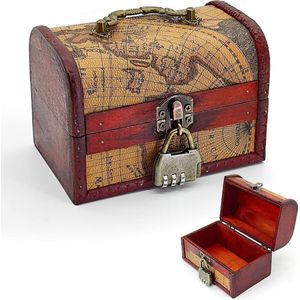 Schatkist houten kist met deksel, schatkist met slot, 15 x 10 x 10 cm, schatkist, piratenkist, sieradenkistje, knutselgeschenkdoos, opbergdoos voor opslag en decoratie