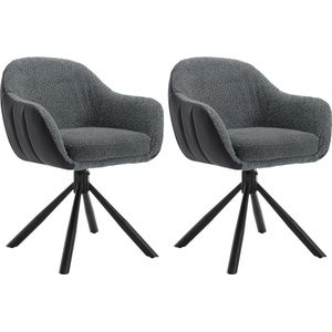 BukkitBow - Luxe Set Eetkamerstoelen Chenille/Stof met Kunstleder/Leer - Kuipstoel met Rug en Armleuning en Metalen Poten - 365 Graden Draaibaar Onderstel - Set van 2 Stuks - Zithoogte 49.5CM - Donker Grijs
