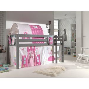 LUCEVI - Pino Halfhoogslaper H115CM + Ladder + Princess Gordijntjes + 3 Zakjes + Princess Tunnel - Grijs - 90x200 cm
